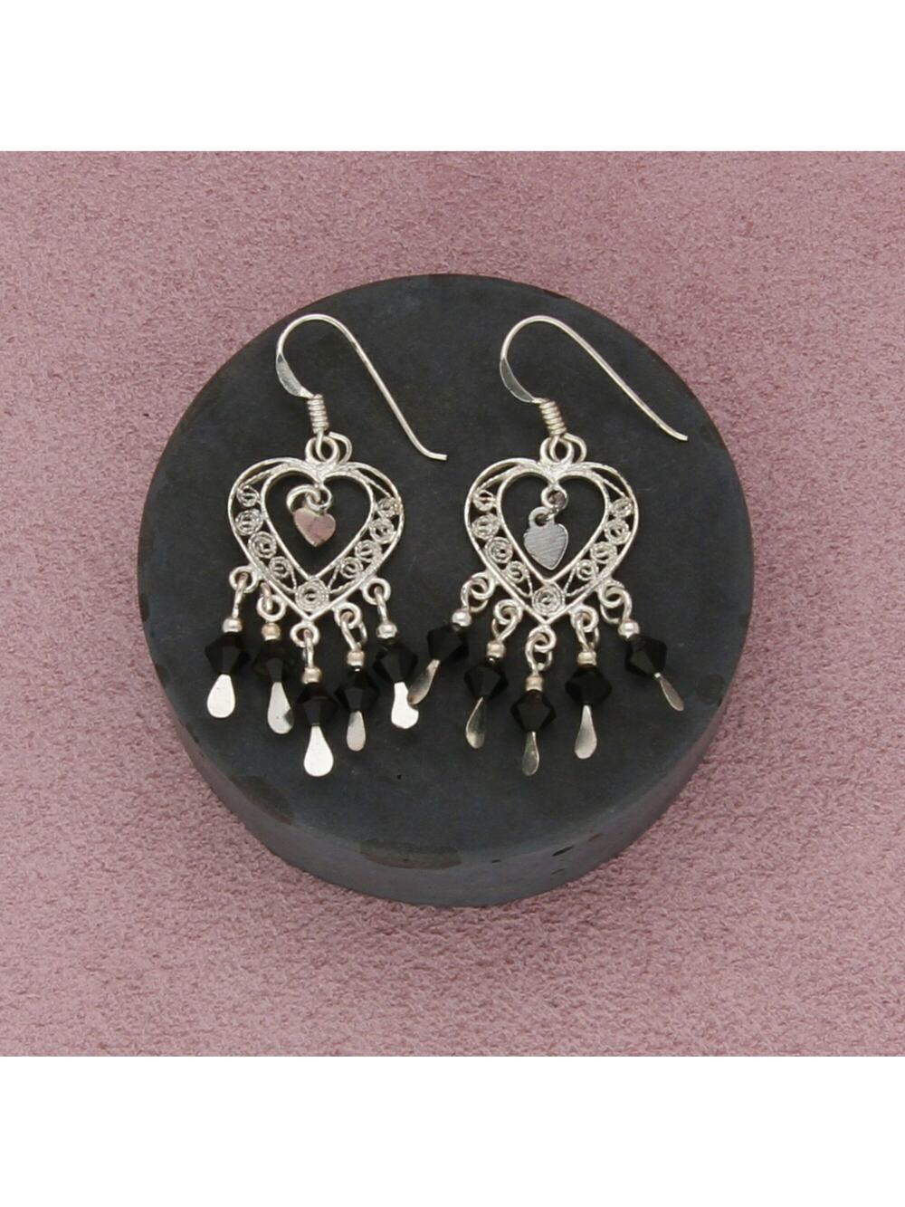 sterling silver filigree heart black bead fringe dangle earrings